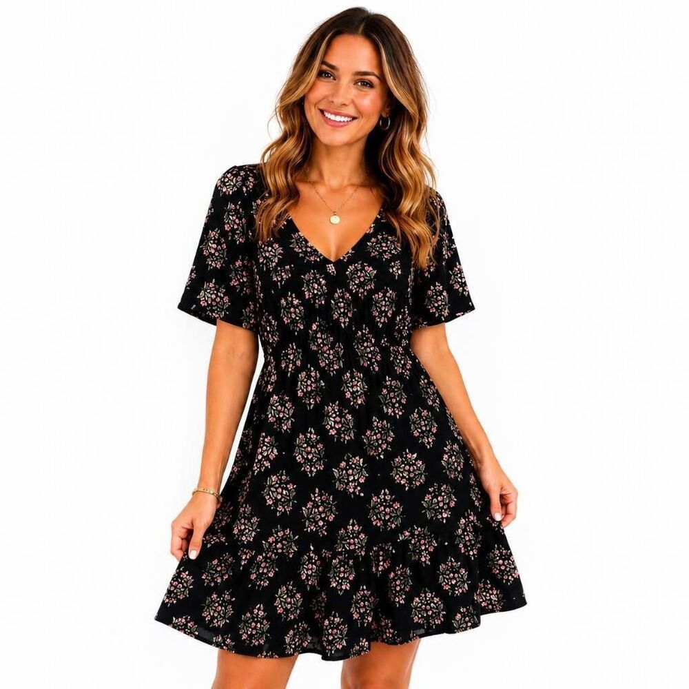Maurices Medium Black Floral Tiered Babydoll Dress